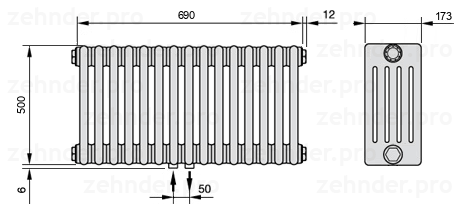 Схема (чертеж) Радиатор Zehnder Charleston 5050/15 №3470 Белый глянцевый RAL 9016